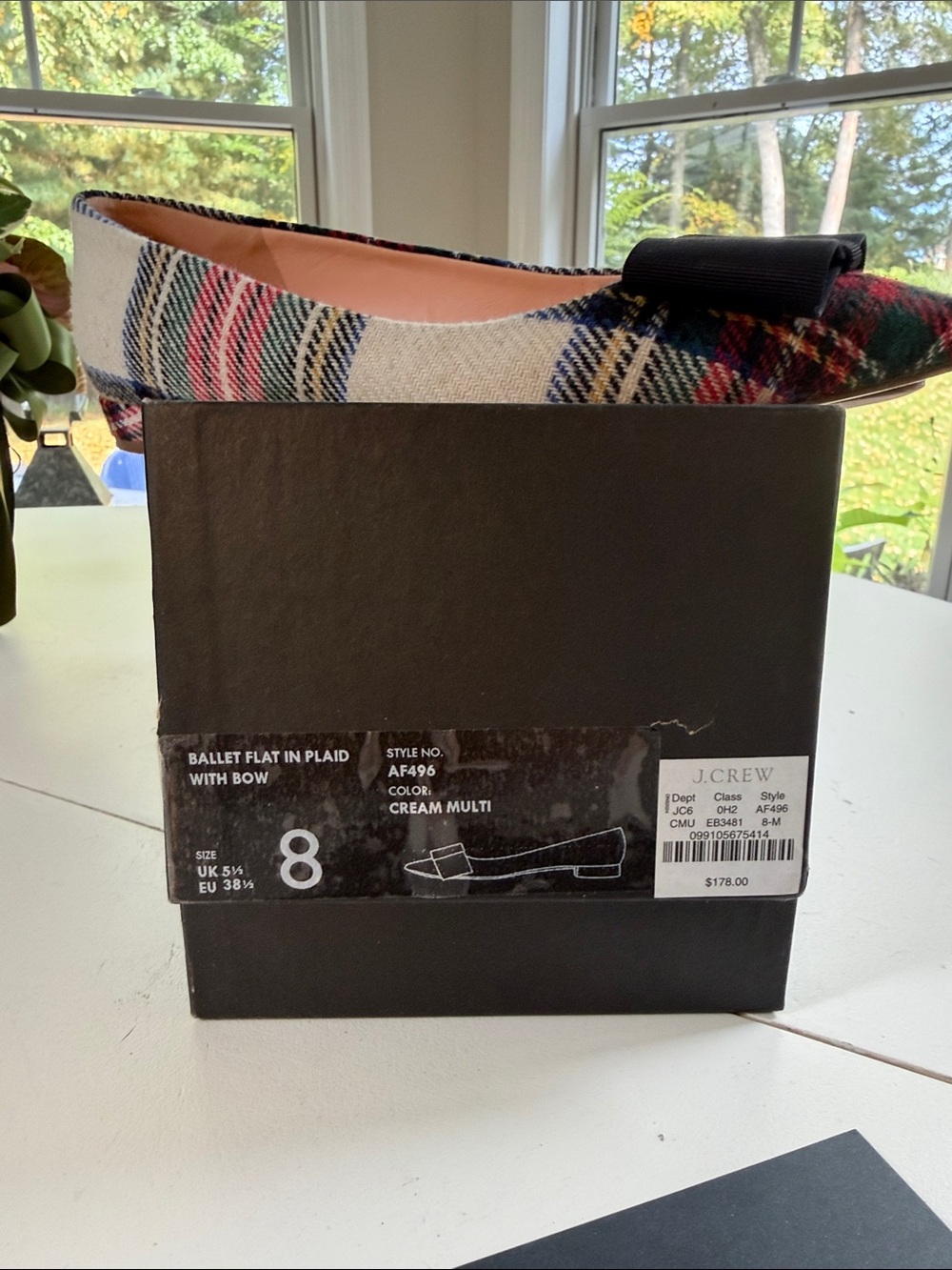 J. Crew Cream Multi Plaid Ballet Flat with Black Bow